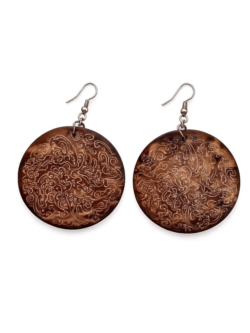 Etched Shell Disc Earrings Brown‎ Swirl Statement Dangle